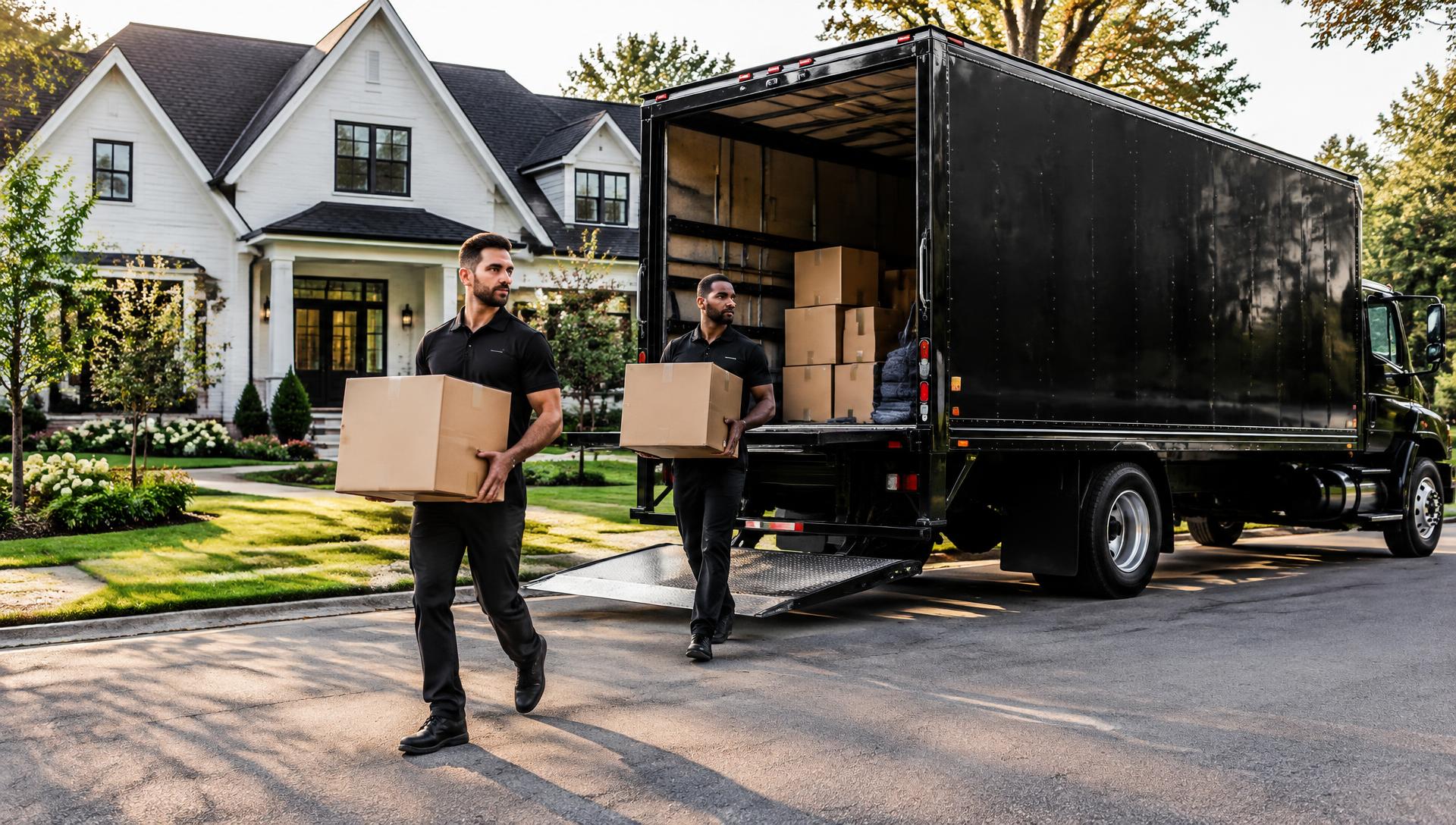 Professional movers carrying boxes beside a moving truck outside a home