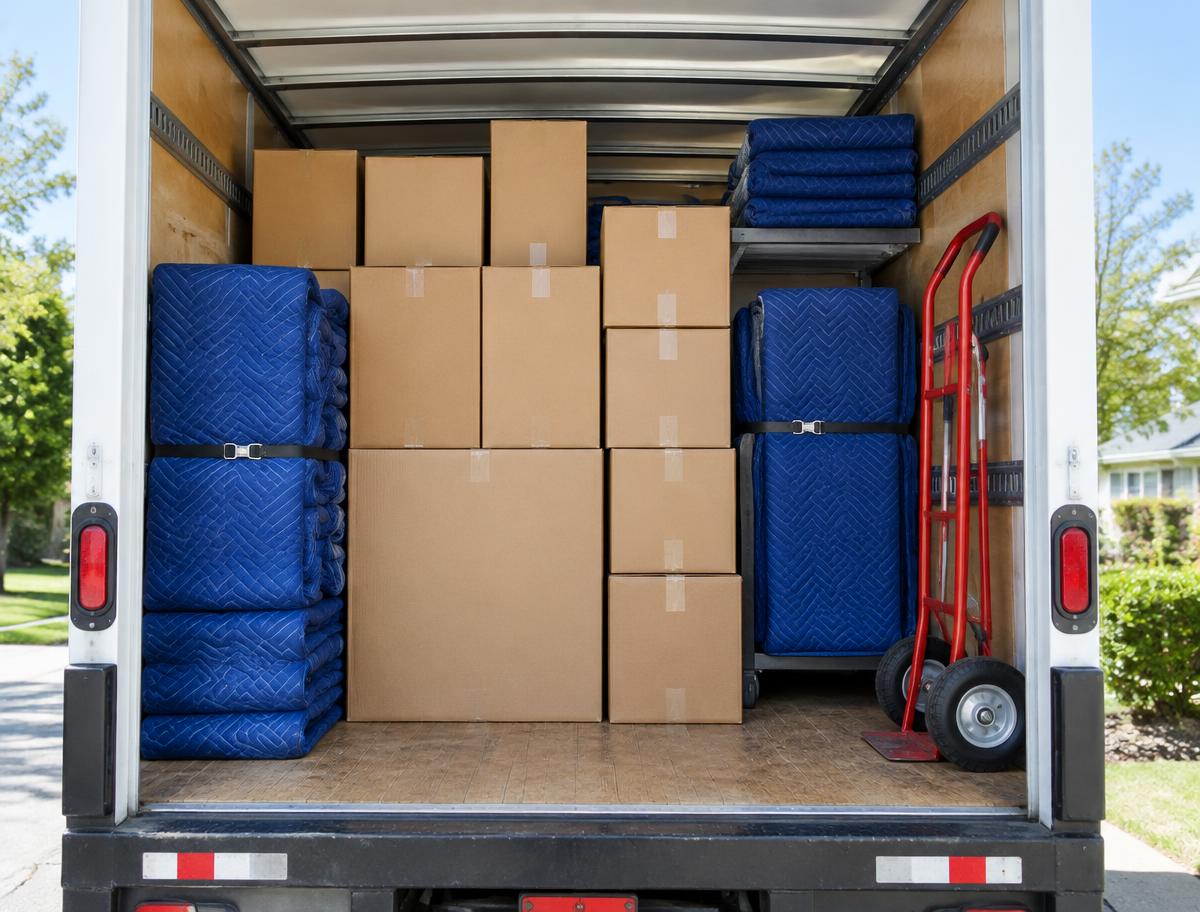 Organized boxes and blankets in a moving truck